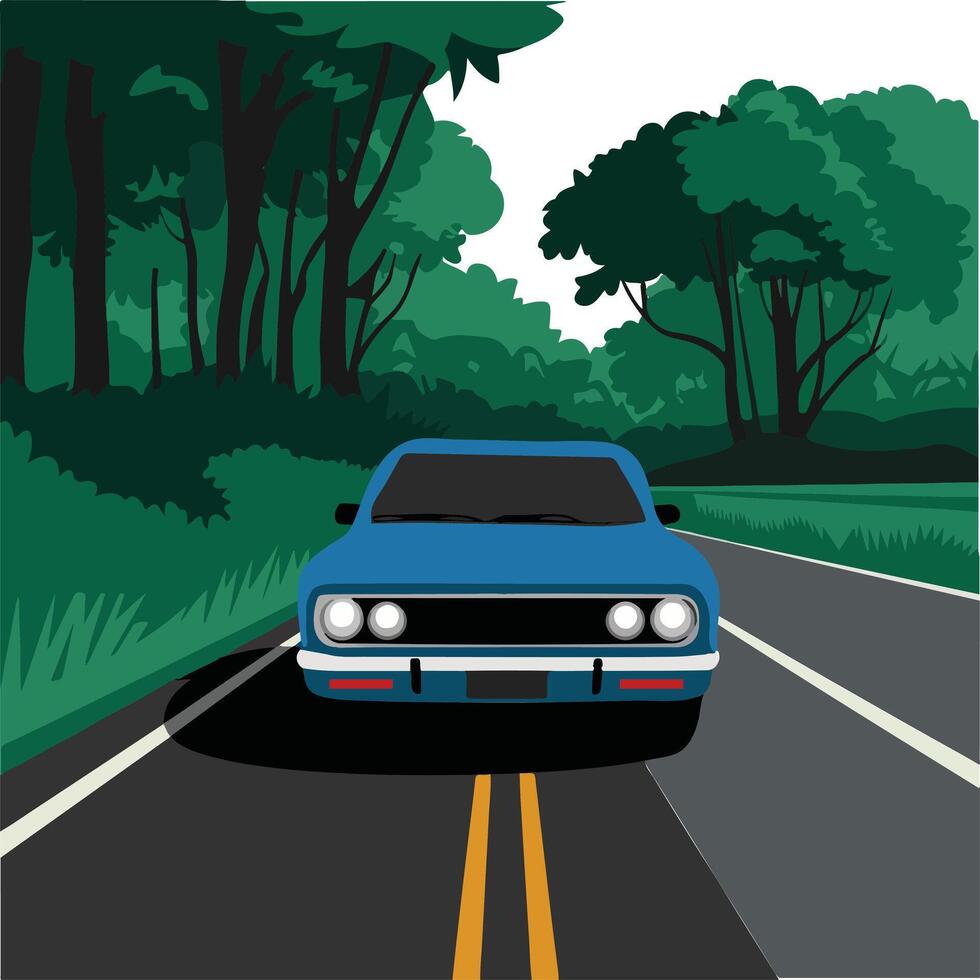 Blue Car on a Forest Road Illustration. vector