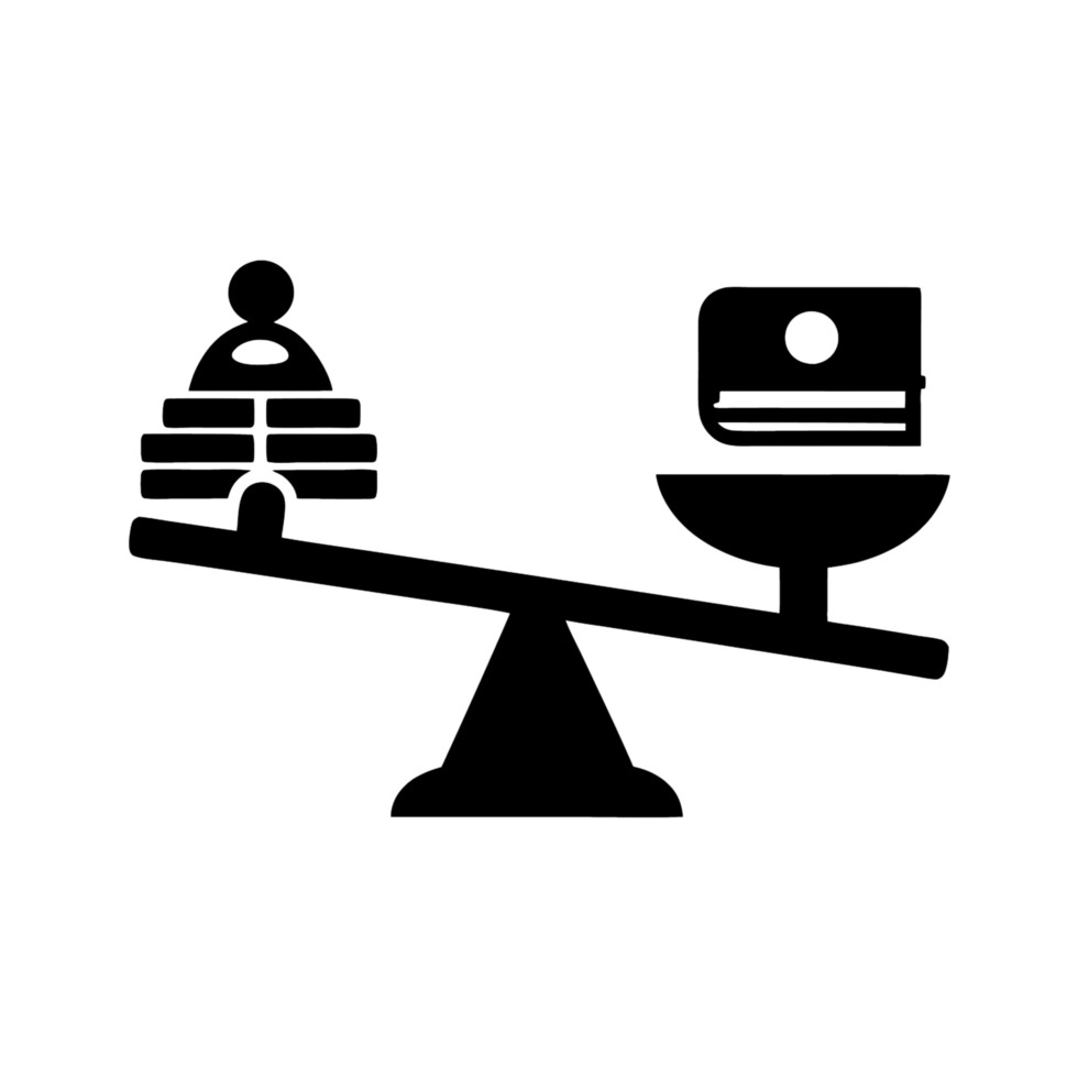 Symbolic illustration of a balance scale with books and a person, depicting the contrast between knowledge and personal life in a metaphorical way png