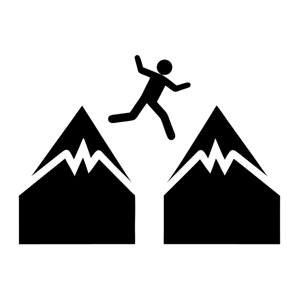 silhouette of a person jumping between two jagged mountain peaks, symbolizing daring adventure and the thrill of overcoming obstacles png