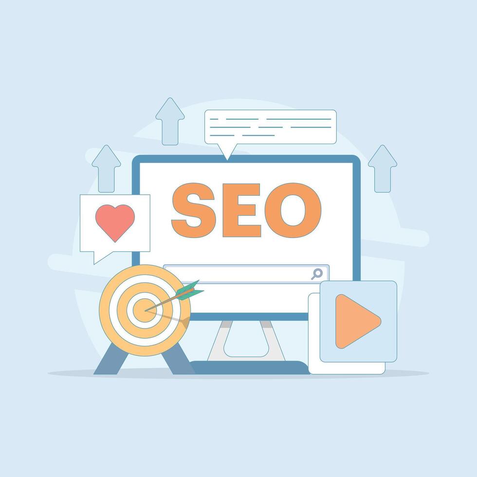 SEO Optimization Concept. Computer with Target and Graphics. Social Media Marketing. Search Engine with Laptop Computer Search Input. Flat Cartoon Design Illustration Design on Background. vector