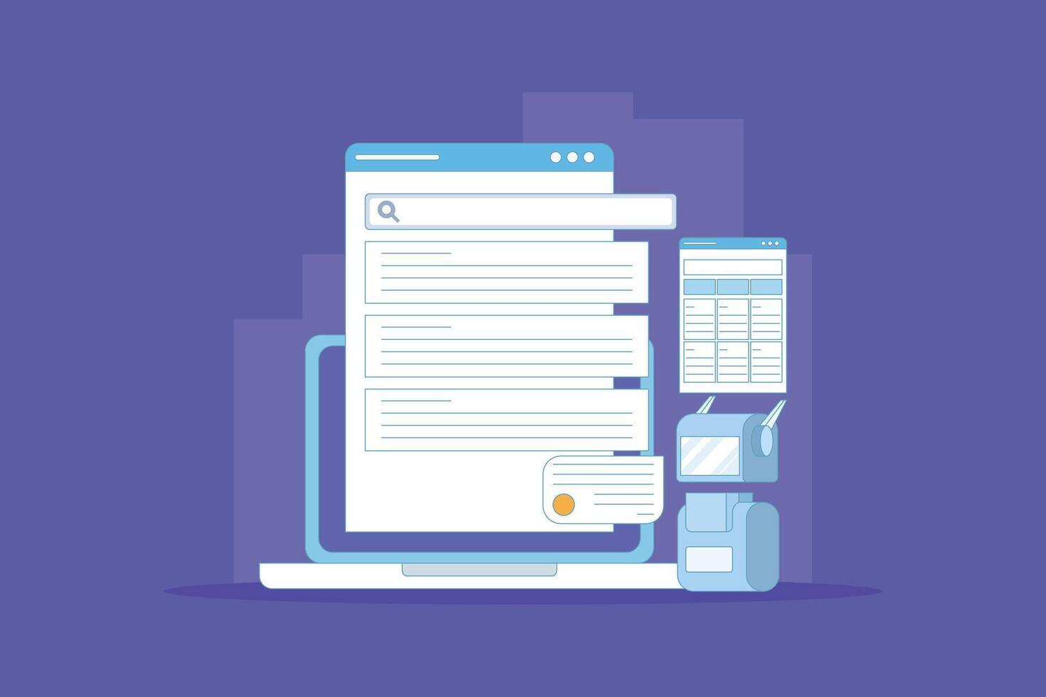 AI based search result concept, Artificial intelligence integrated with search engine, AI search result. AI search application, displaying content based on data. flat cartoon illustration. vector