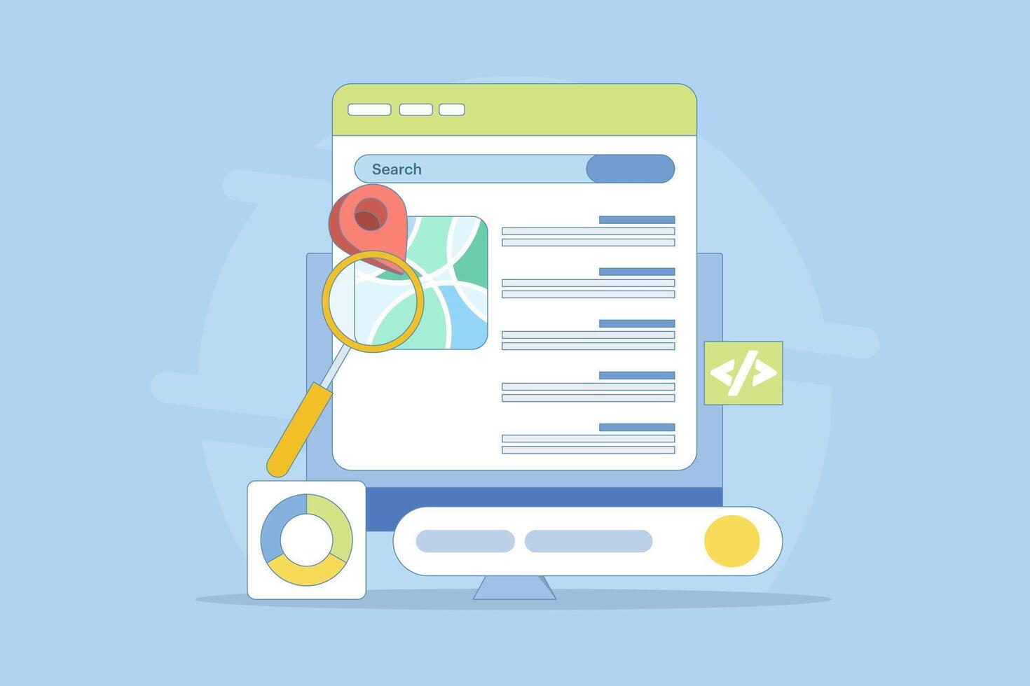 SEO friendly code writing concept for websites, Website code, Search engine optimization strategies for organic ranking. Website ranking on search results, flat illustration in the background. vector