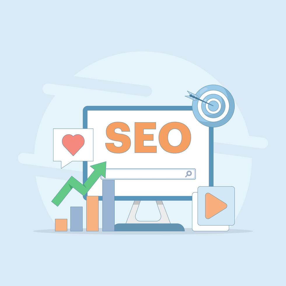 SEO Optimization Concept. Computer with Target and Graphics. Social Media Marketing. Search Engine with Laptop Computer Search Input. Simple Flat Cartoon Design Illustration Design on Background. vector