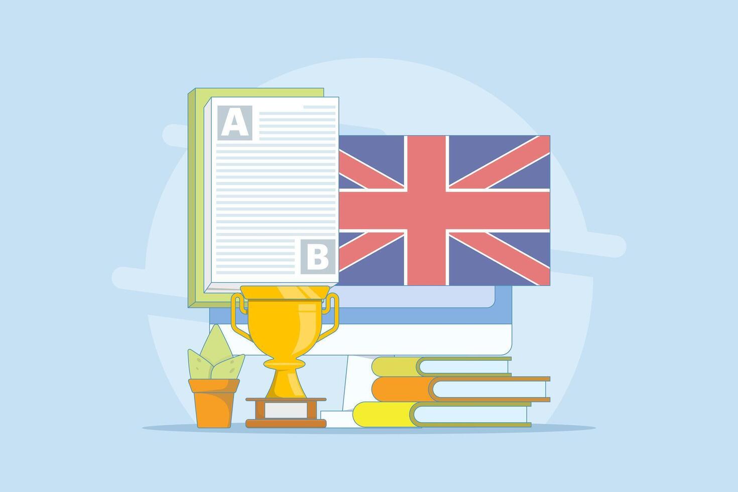 Online English Education Course Concept, PC Computer with Books, Flag, Trophy, Digital Marketing. Webinar, Digital Classroom, Online Teaching Metaphor. Illustration on Isolated Background. vector