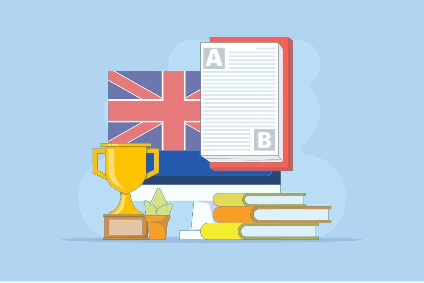 Online English Education Course Concept, PC Computer with Books, Flag, Trophy, Digital Marketing. Webinar, Digital Classroom, Online Teaching Metaphor. Flat design illustration on Background. vector