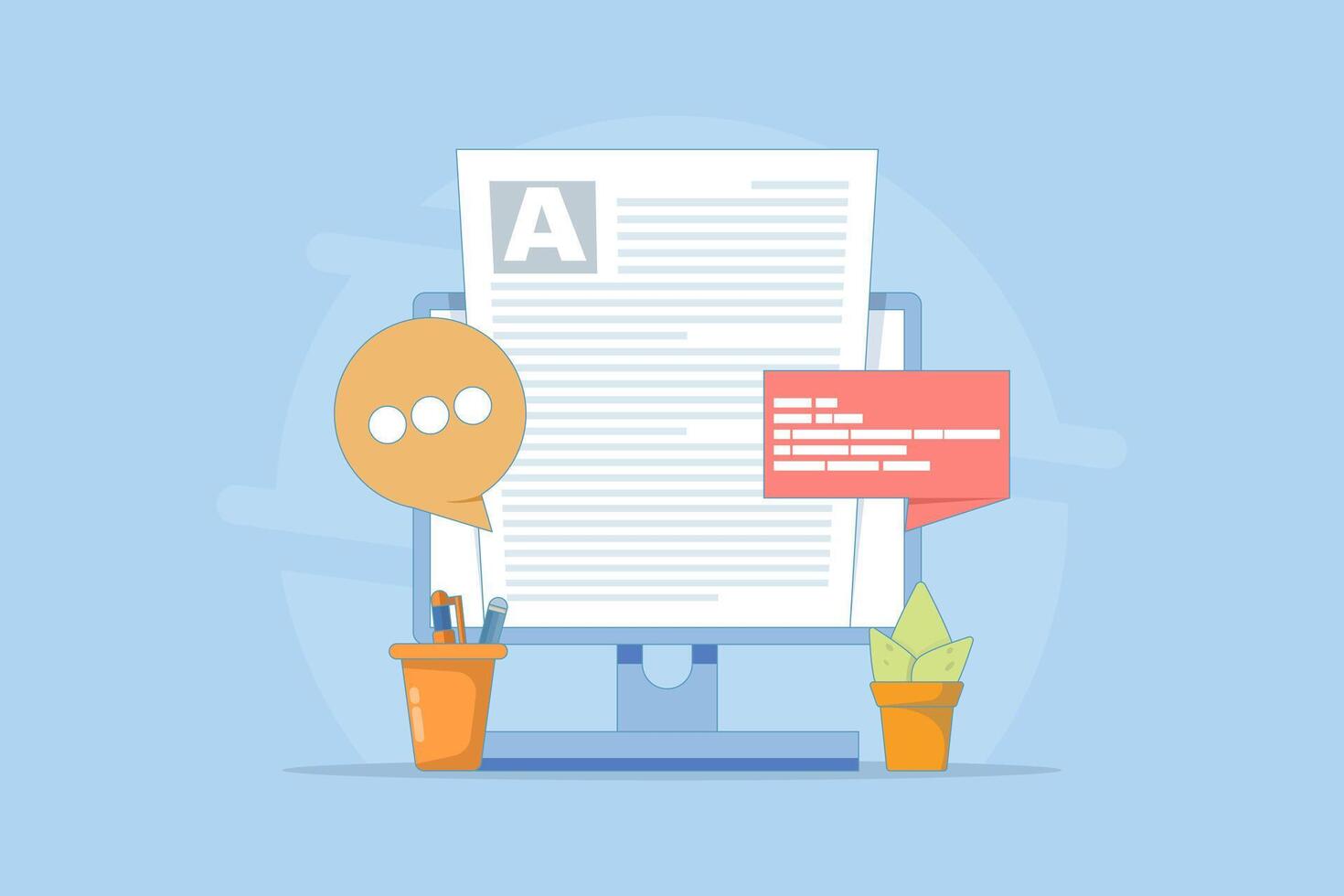 Blog concept, Content Marketing, Blog and SMM concept in flat design. Blog page filled with content. The process of uploading articles and media materials. Cartoon illustration in the background. vector