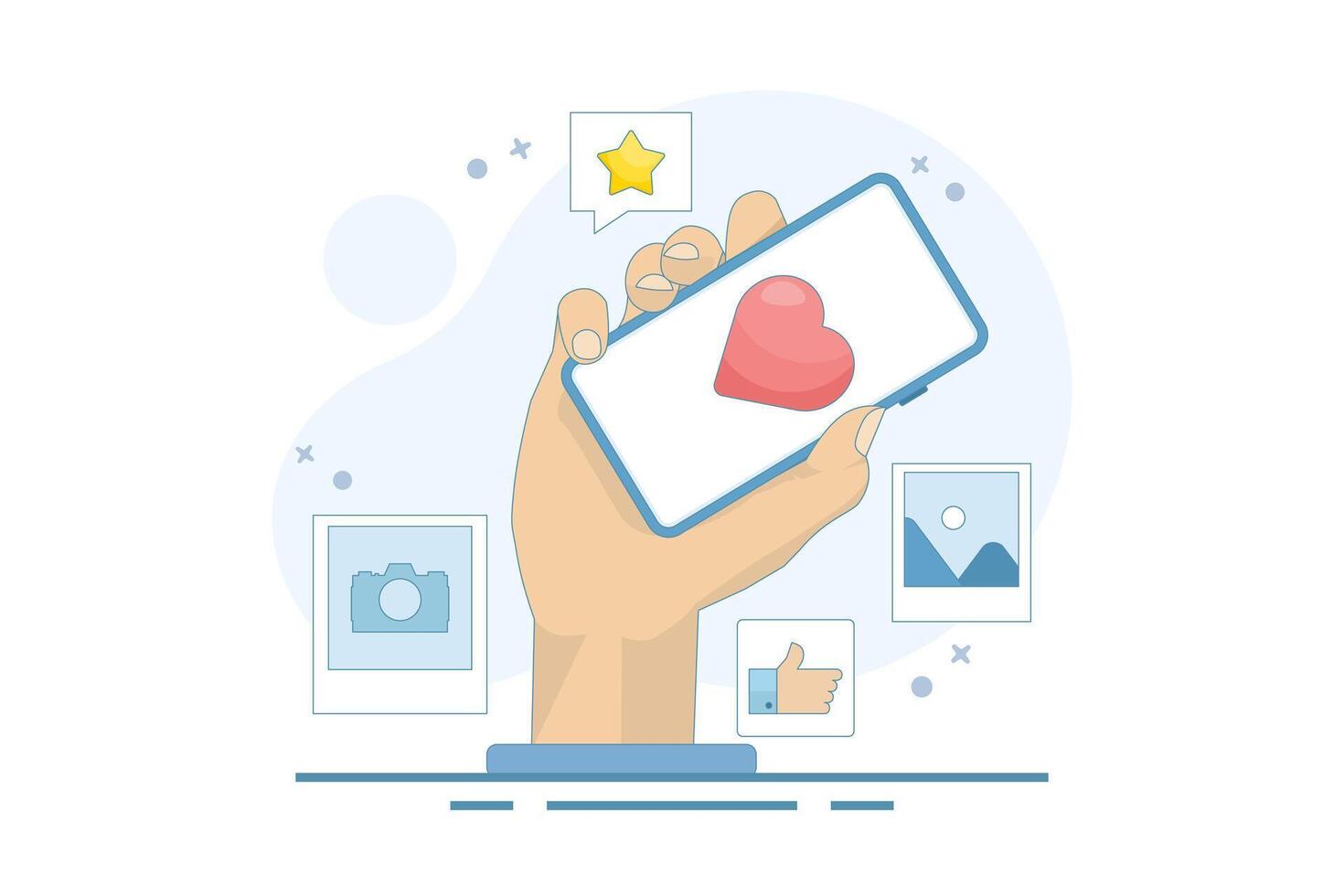 Social media and technology concept with smartphone, such as buttons and geometric shapes, chat. Online social communication app concept. Flat cartoon design illustration on background. vector
