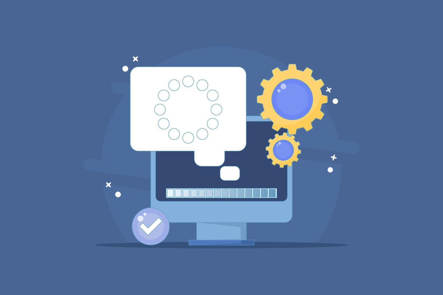 concept of a completed process or progress. successful processing, installation, downloading, or uploading. information and notifications. technology systems in software. flat cartoon illustration. vector