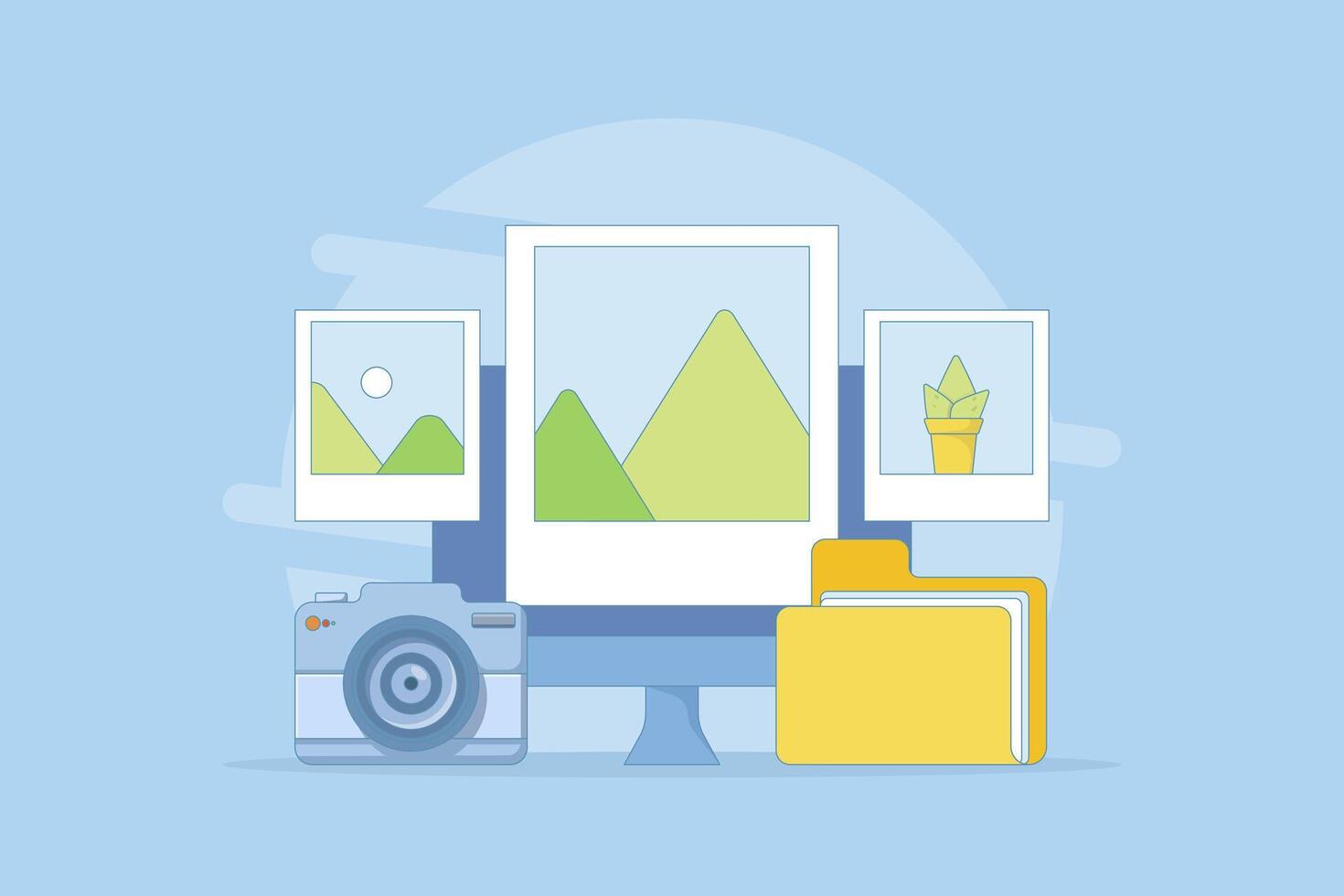 Photo gallery concept, photos on campaign monitor Photo image file display and image storage, Photo gallery image on campaign monitor. Flat cartoon design illustration on background. vector