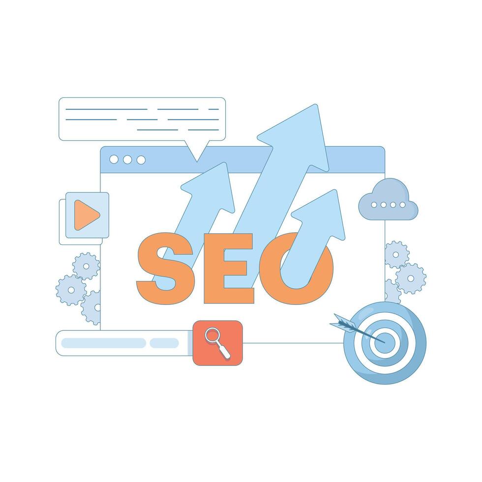 SEO Optimization Concept. Computer with Target and Graphics. Social Media Marketing. Search Engine with Laptop Computer Search Input. Flat Design Illustration Design on Background. vector