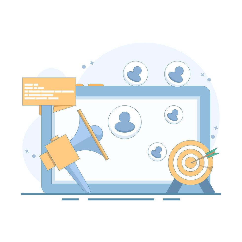 Digital Marketing Concept. Tablet with Megaphone and Target Arrow. Online promotional advertising campaign, mobile app advertising content, social networks. Flat Illustration Design on background. vector