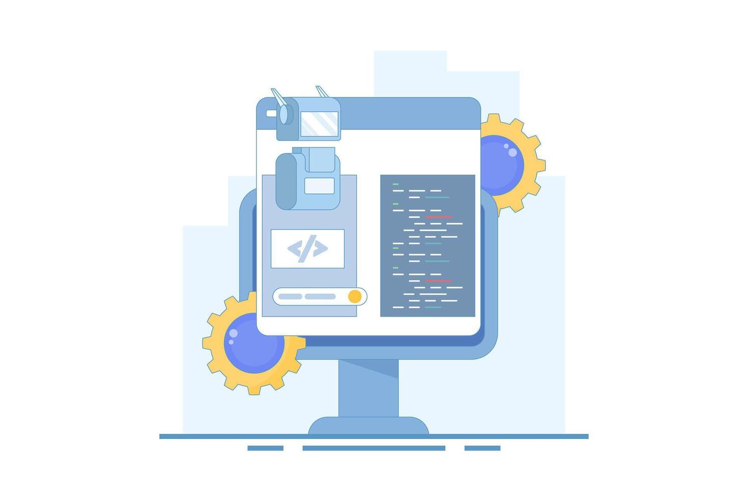 Artificial intelligence coding concept, code development automation, AI code assistance, AI agent coding, robot coding itself. Using AI bots to write programming code. Flat design illustration vector