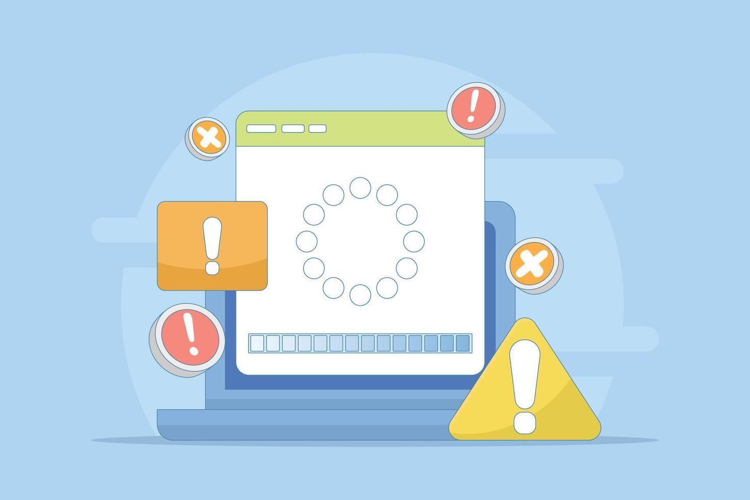 concept of failure or progress of process. failed installation or update processing. failed or incomplete error occurred. simple flat design cartoon illustration on background. vector
