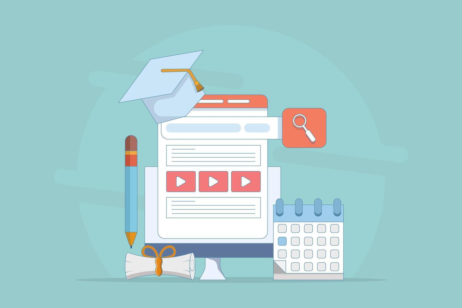 Online Education Concept on E-learning Application Website Internet Class Webinar Digital Class Online Tutorial. about application learning, education platform. flat illustration on background. vector