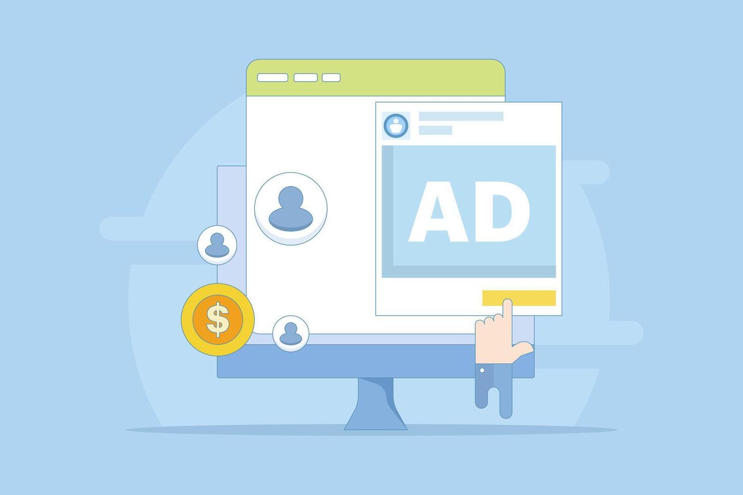 Social media advertising concept that generates revenue. Social media ad spend, Social media ads that send traffic. Paid ad campaigns. Advertising budget. Illustration in the background. vector