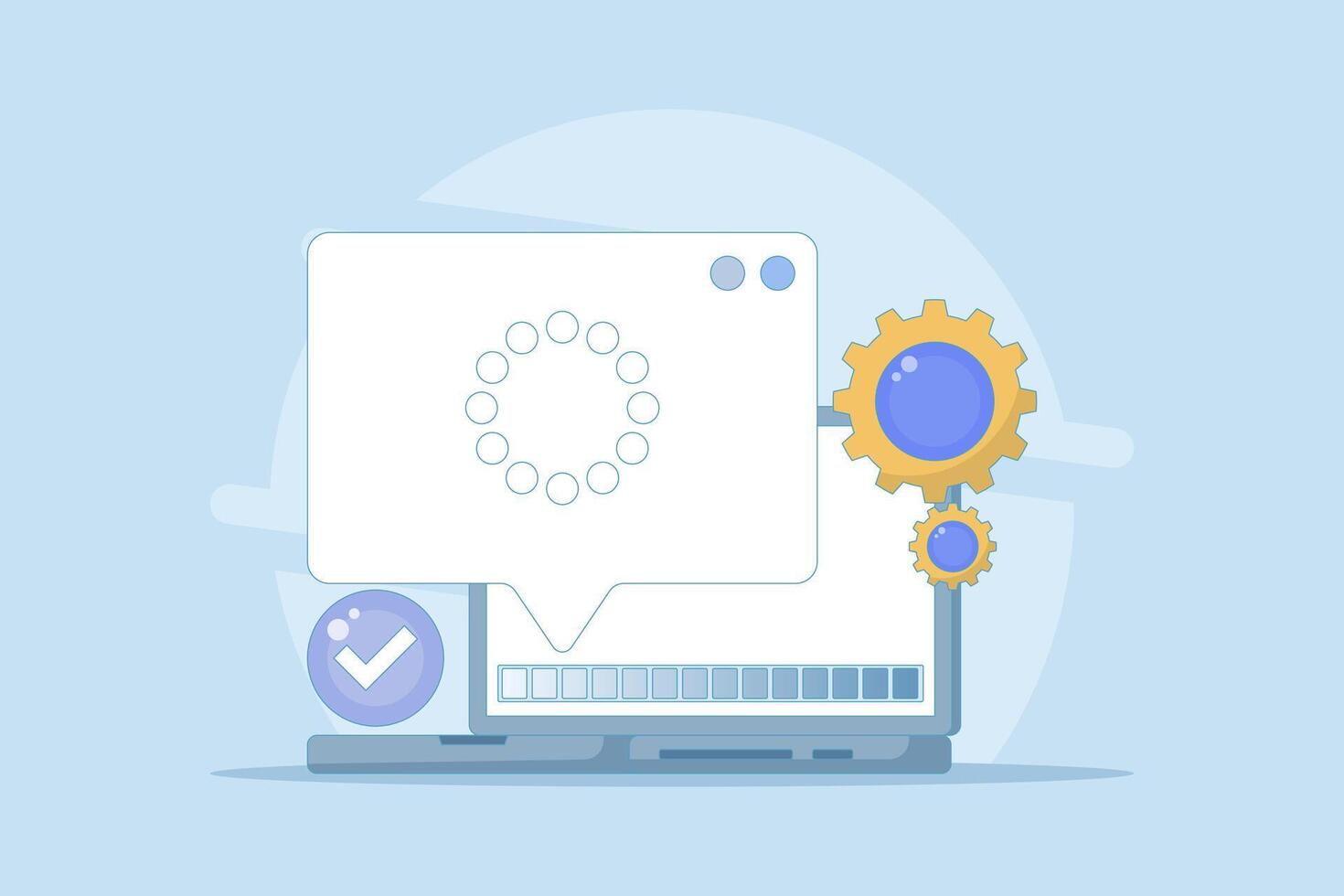 concept of a completed process or progress. successful processing, installation, downloading, or uploading. information and notifications. technology systems in software. cartoon design illustration. vector