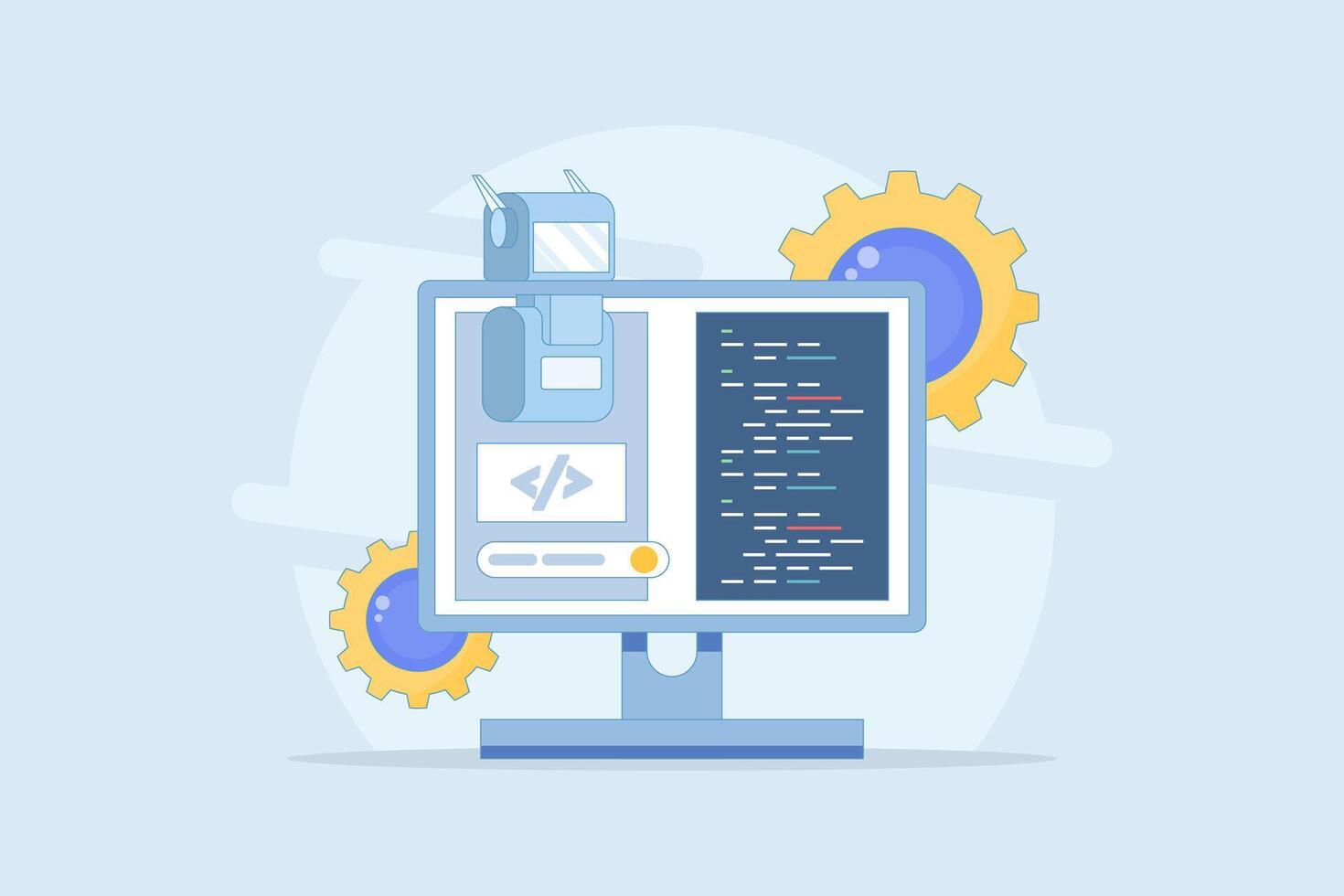 Artificial intelligence coding concepts, code development automation, AI code assistance, AI agent coding, coding the robot itself. Using AI bots to write programming code. vector