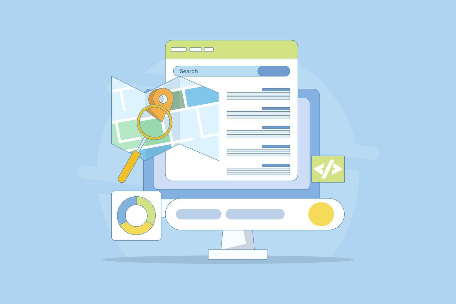 SEO friendly code writing concept for website, Website code, Search engine optimization strategies for organic ranking. Website ranking on search results, design illustration in background. vector