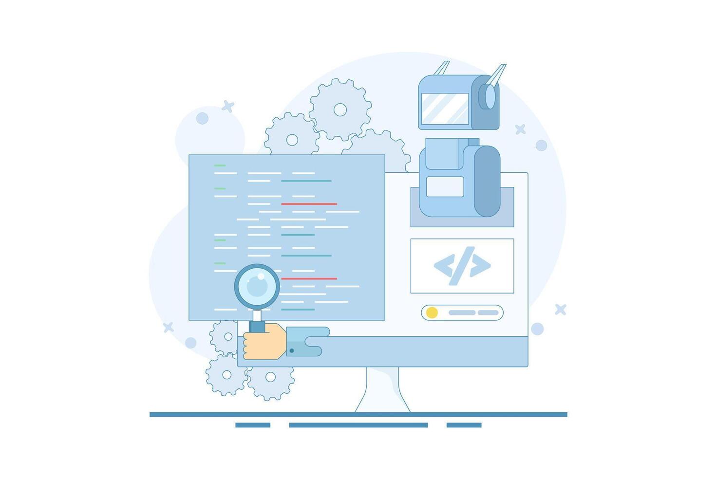Artificial intelligence coding concept, code development automation, AI code assistance, AI agent coding, robot coding itself. Using AI bots to write programming code. Flat illustration. vector