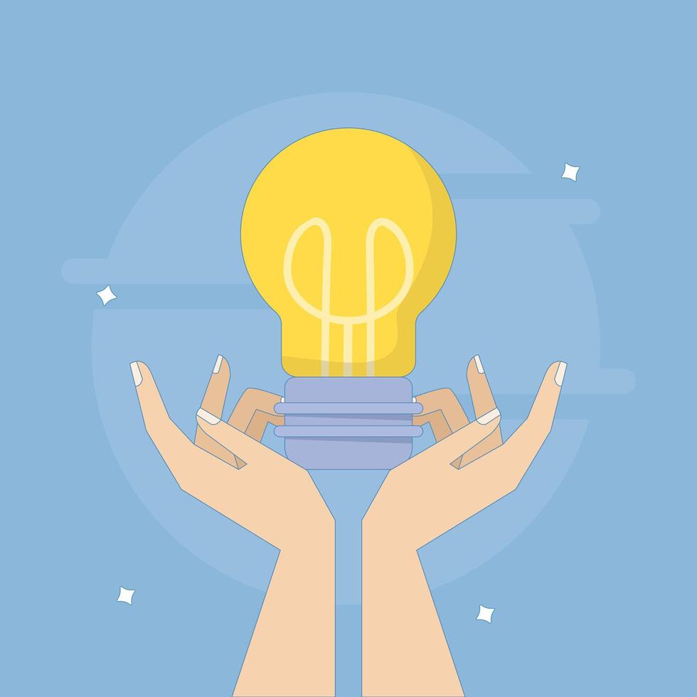 Business Idea Concept. Hand with Light Bulb Idea. From idea to reality, light bulb with Idea, curiosity, seeking success. Idea Validation. Cartoon Illustration Design on background. vector