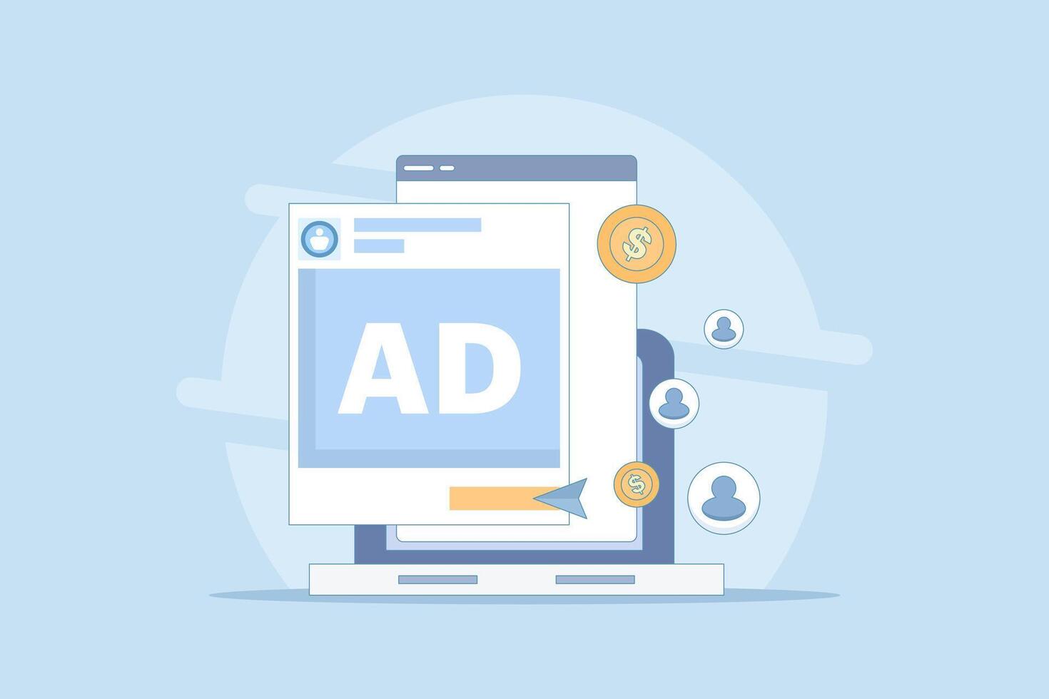 Social media advertising concept that generates revenue. Social media ad spending, Social media ads that send traffic. Paid ad campaigns. Advertising budget. Cartoon illustration in the background. vector