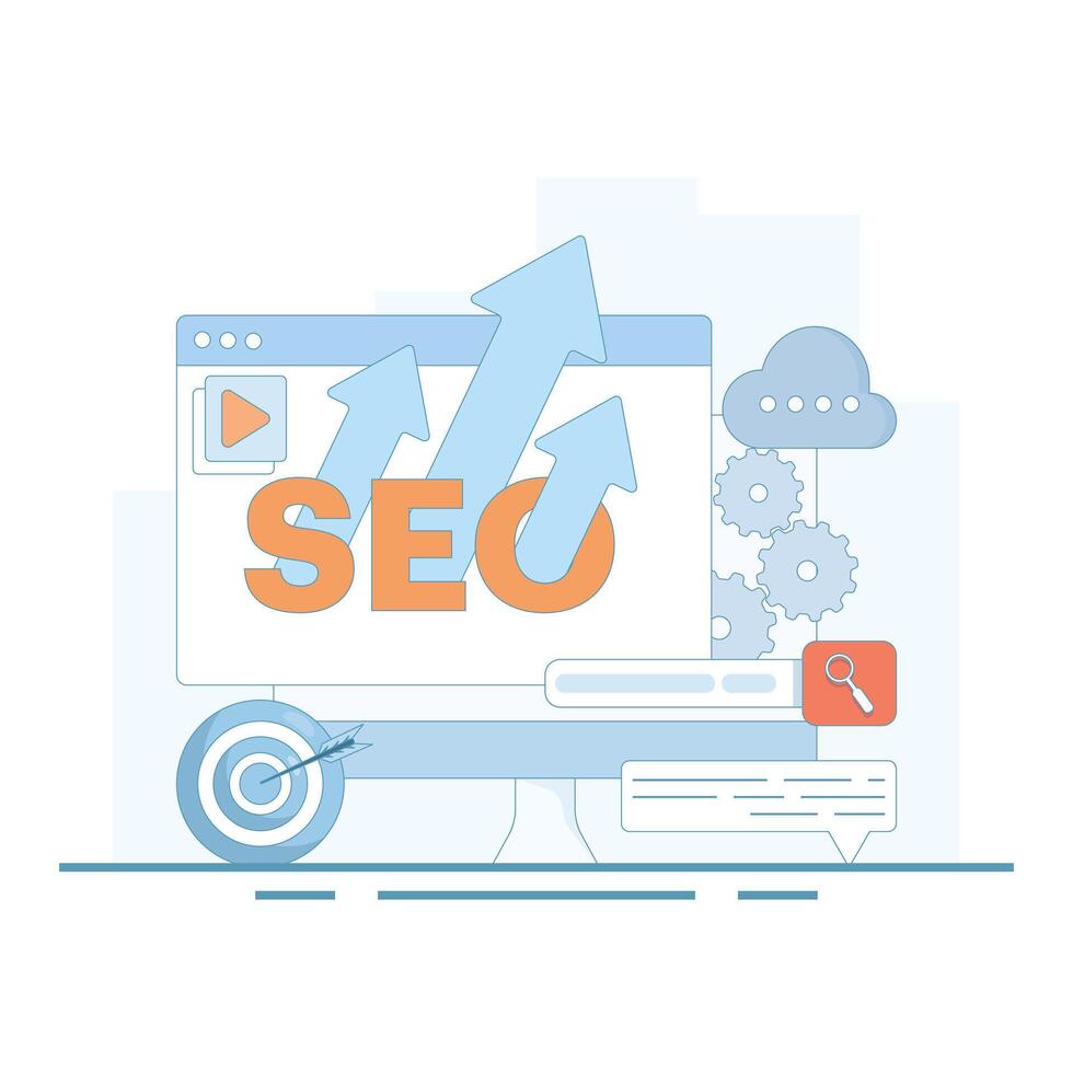 SEO Optimization Concept. Computer with Target and Graphics. Social Media Marketing. Search Engine with Laptop Computer Search Input. Flat Illustration Design on Background. vector
