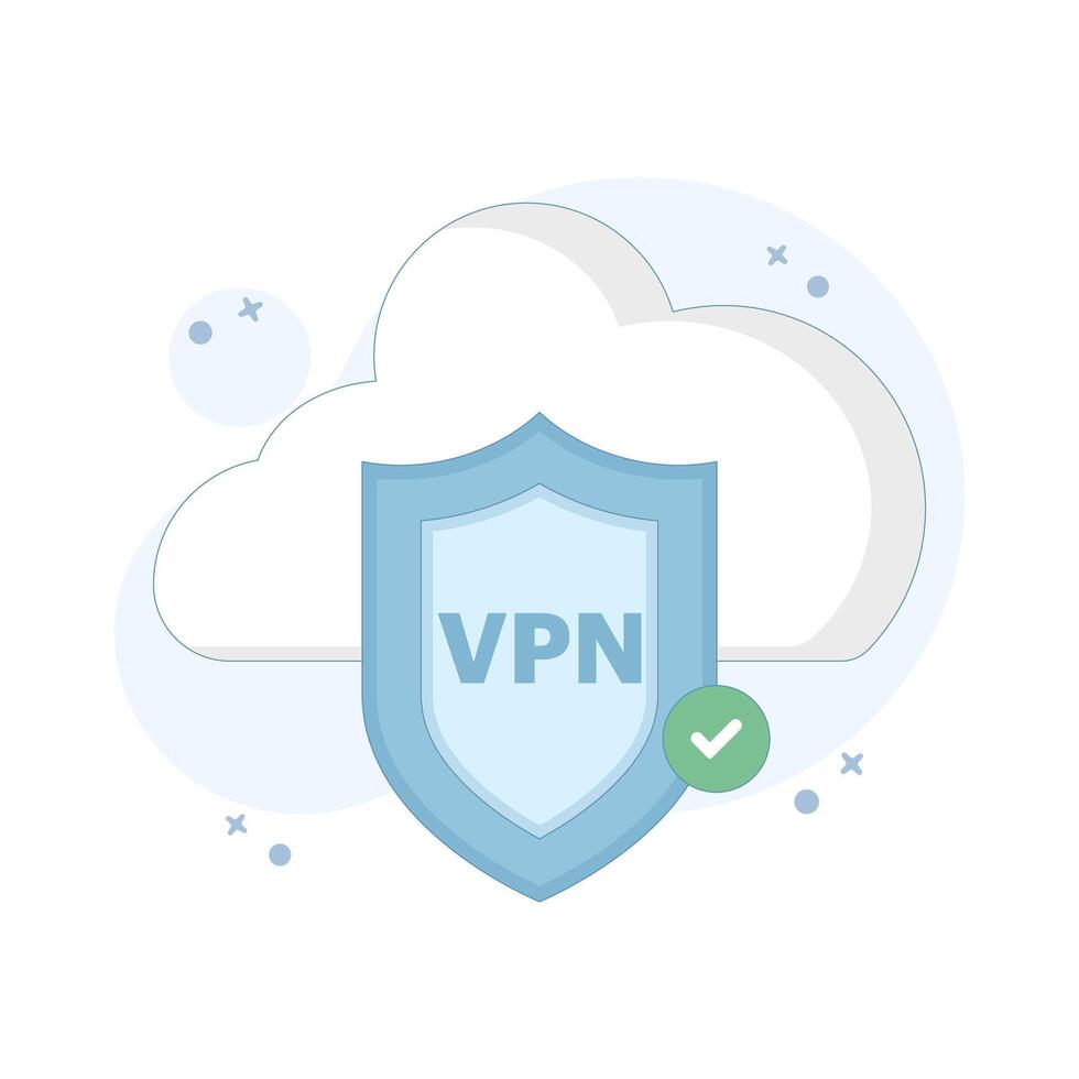 Secure VPN Concept. Cloud with VPN Shield. Online privacy and security protection using VPN. protect personal digital data. Flat Illustration Design in the background. vector