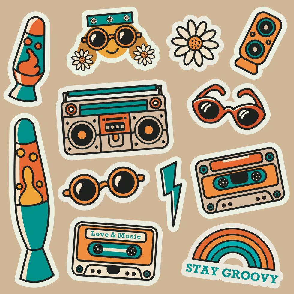A collection in retro style. The color palette is warm and natural. The stickers reflect the themes of peace, love, music and the carefree spirit of the hippie and disco era. vector