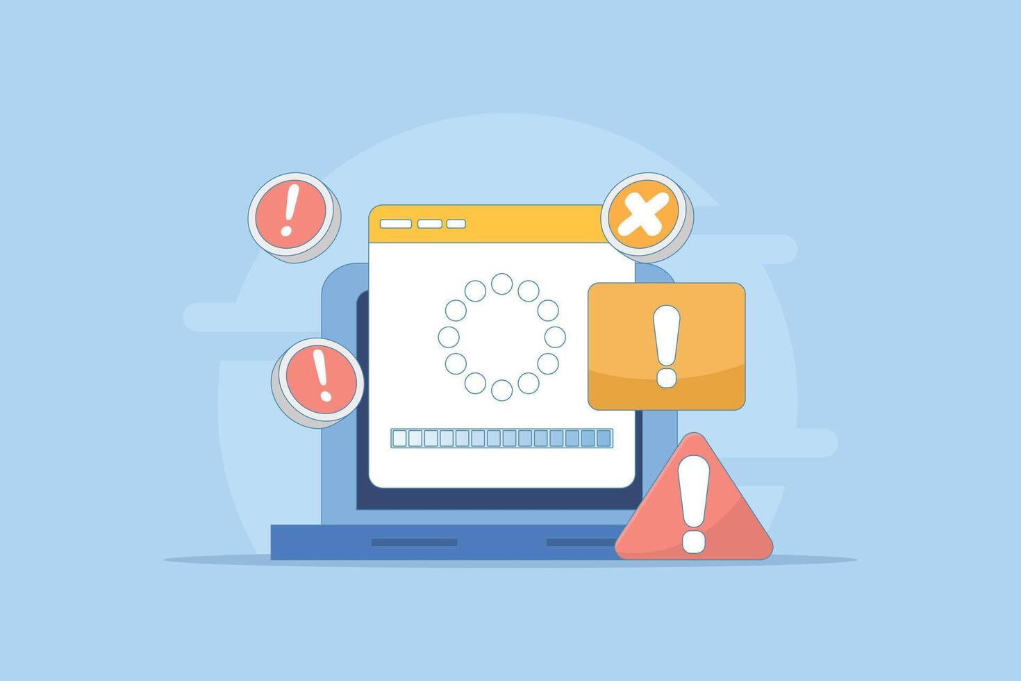 concept of failure or progress of a process. failed installation or update processing. failed or incomplete error occurred. flat minimalist design cartoon illustration in the background. vector