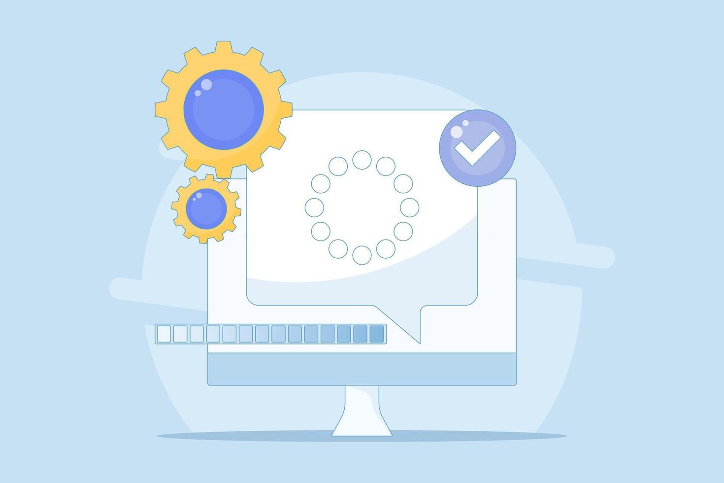 concept of a completed process or progress. successful processing, installation, downloading, or uploading. information and notifications. technology systems in software. flat design illustration. vector