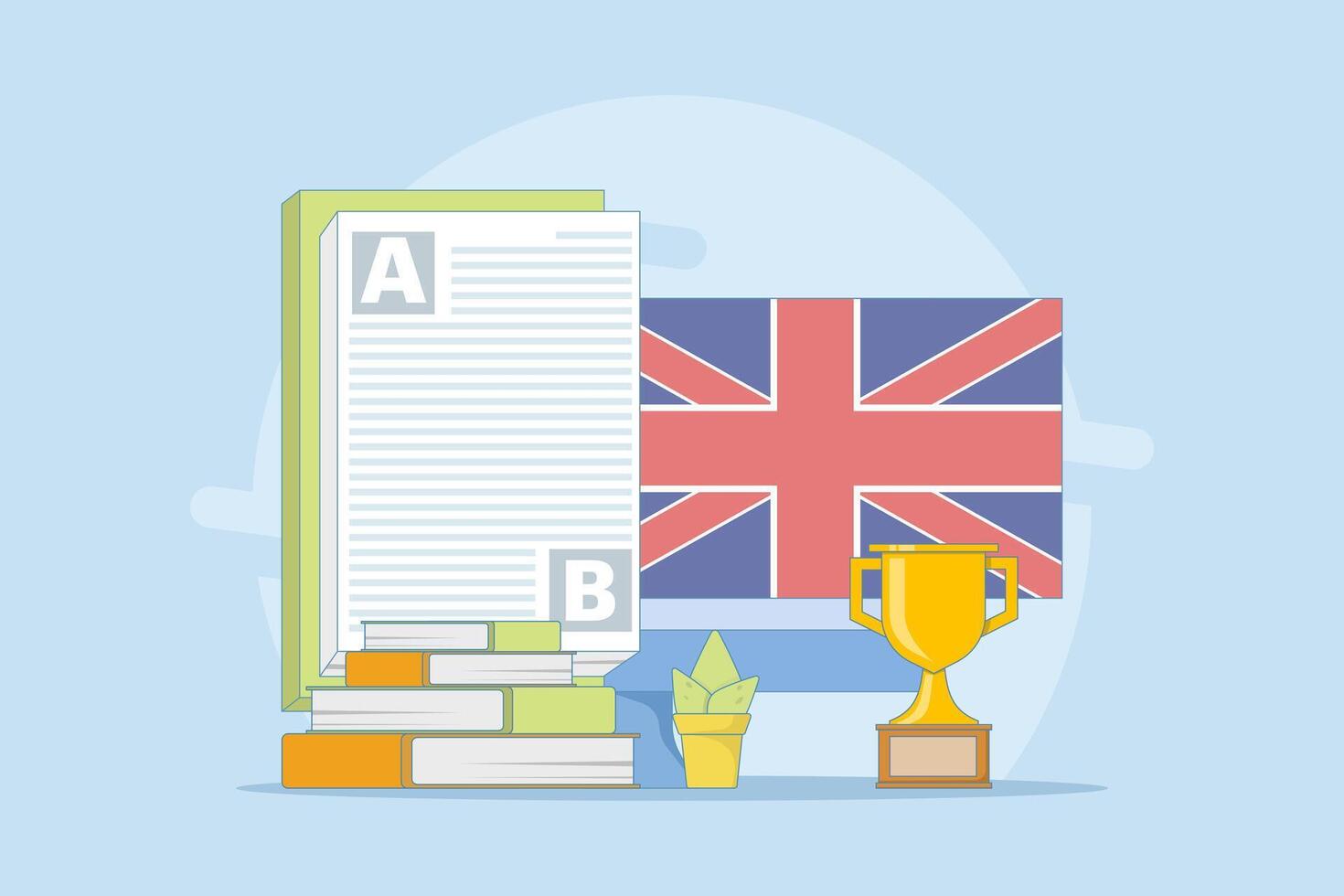 Online English Education Course Concept, PC Computer with Books, Flag, Trophy, Digital Marketing. Webinar, Digital Classroom, Online Teaching Metaphor. Cartoon flat design illustration. vector