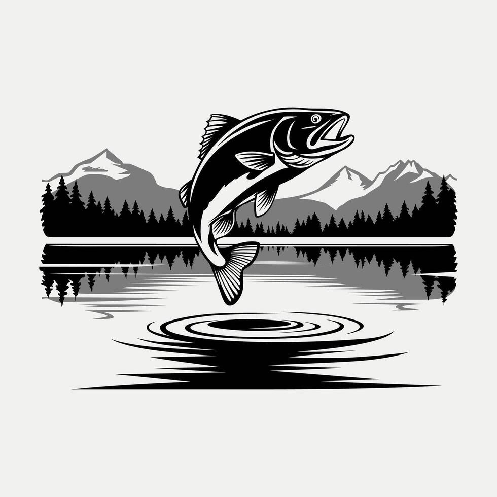 Stylized fish leaping from a lake with mountain and tree backdrop vector
