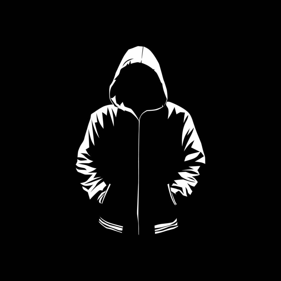 A monochrome graphic of a hooded figure, presented in a high-contrast style with clean lines and distinct shapes vector