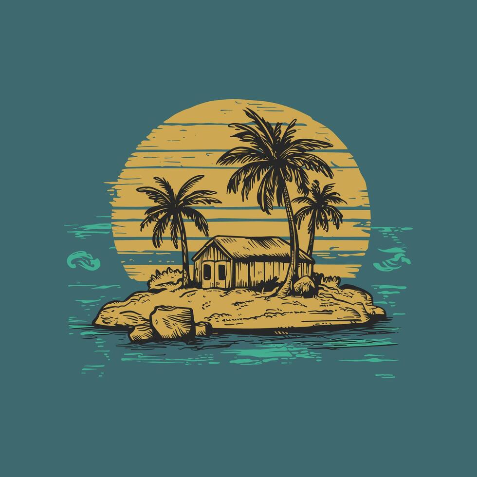 Scenic tropical island featuring a hut, palm trees, and a peaceful sunset ambiance vector