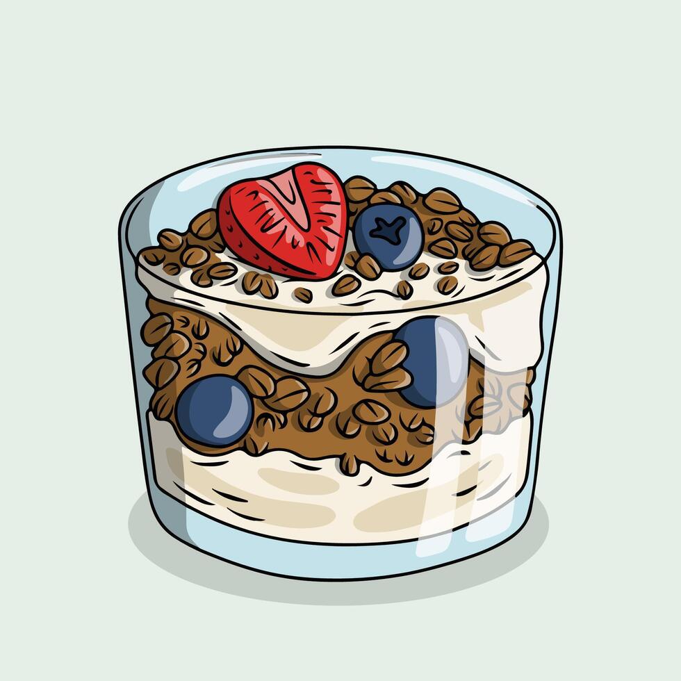 Healthy breakfast parfait with granola, fruit and berries vector