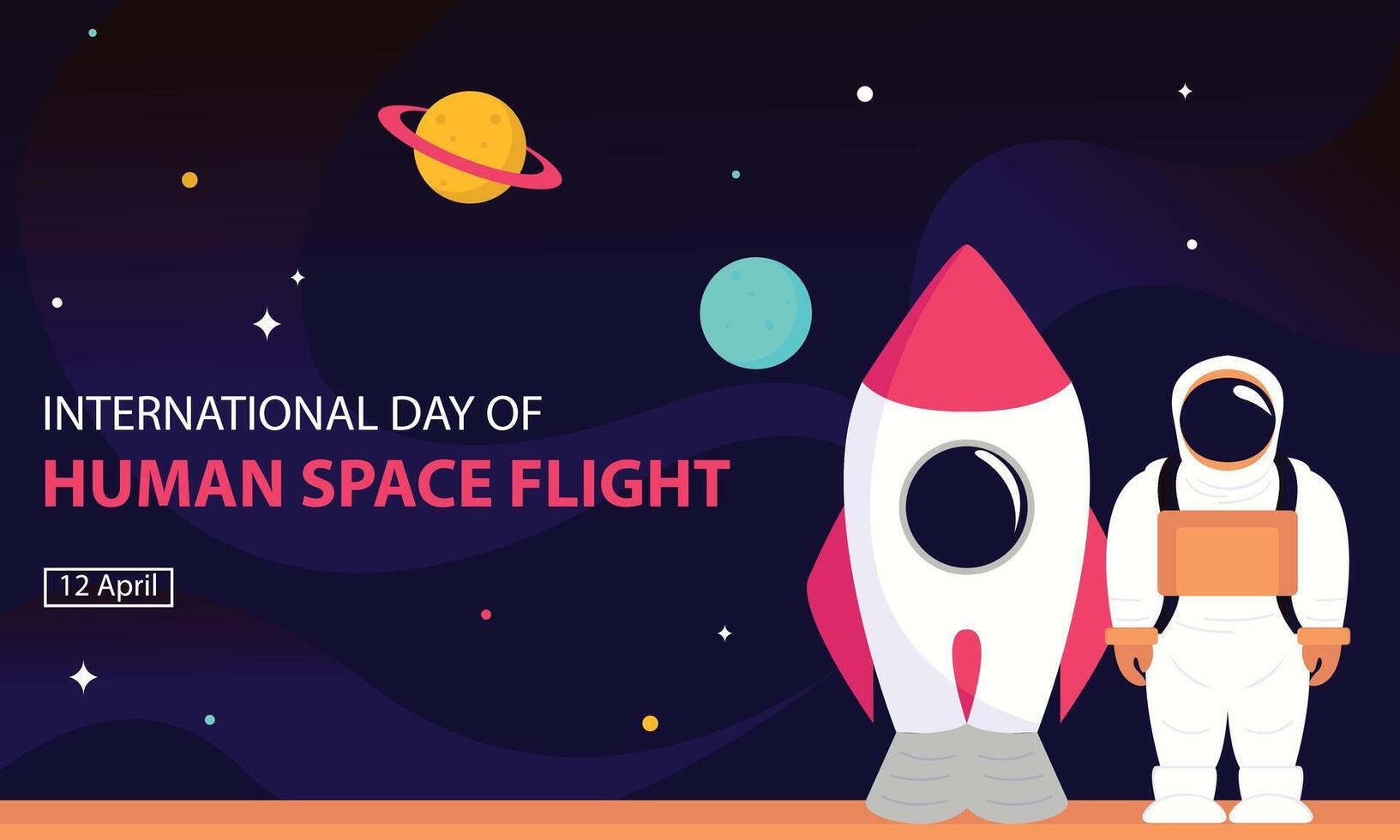 illustration graphic of astronauts and rockets land on an unknown planet, perfect for international day, human space flight, celebrate, greeting card, etc. vector