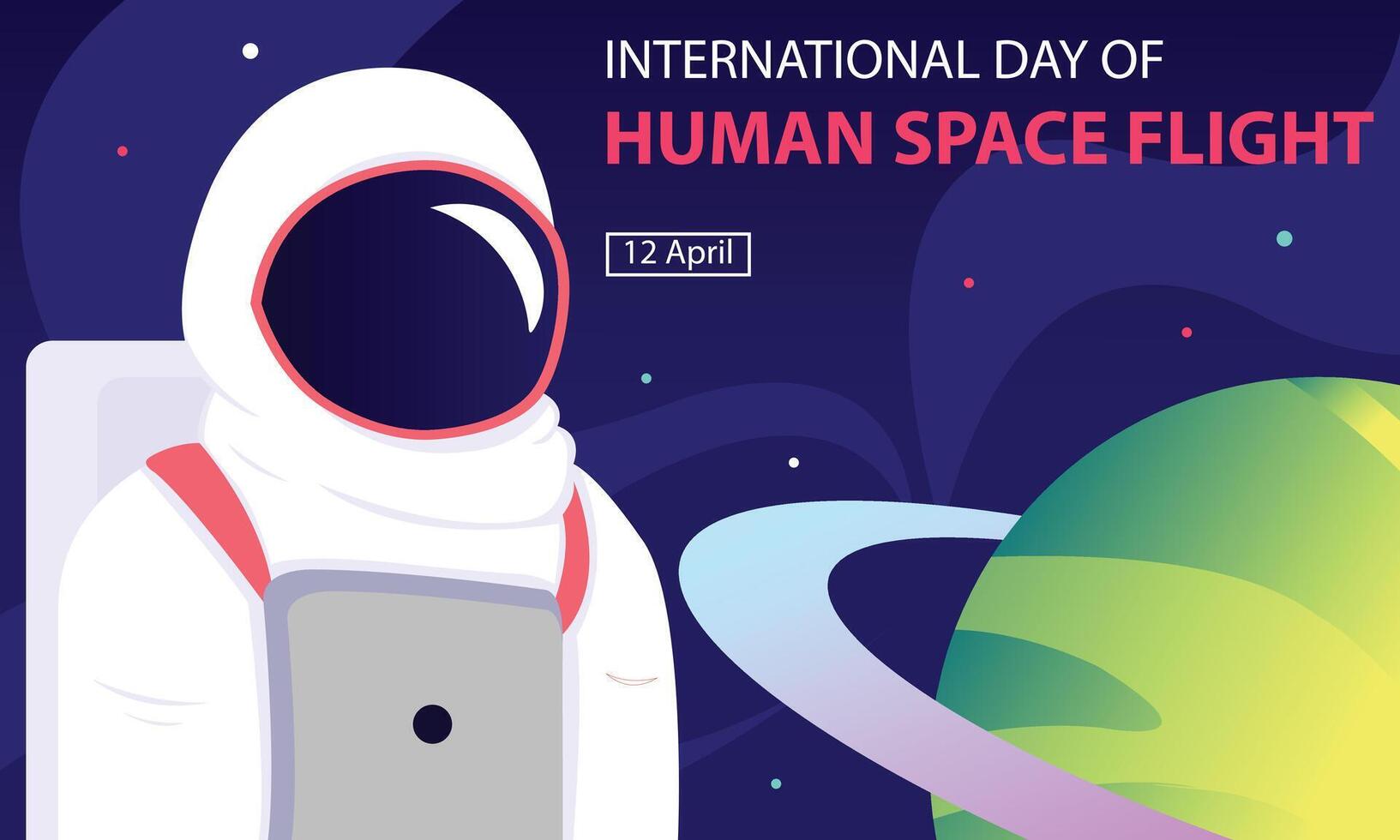 illustration graphic of astronauts in space and ringed planets, perfect for international day, human space flight, celebrate, greeting card, etc. vector