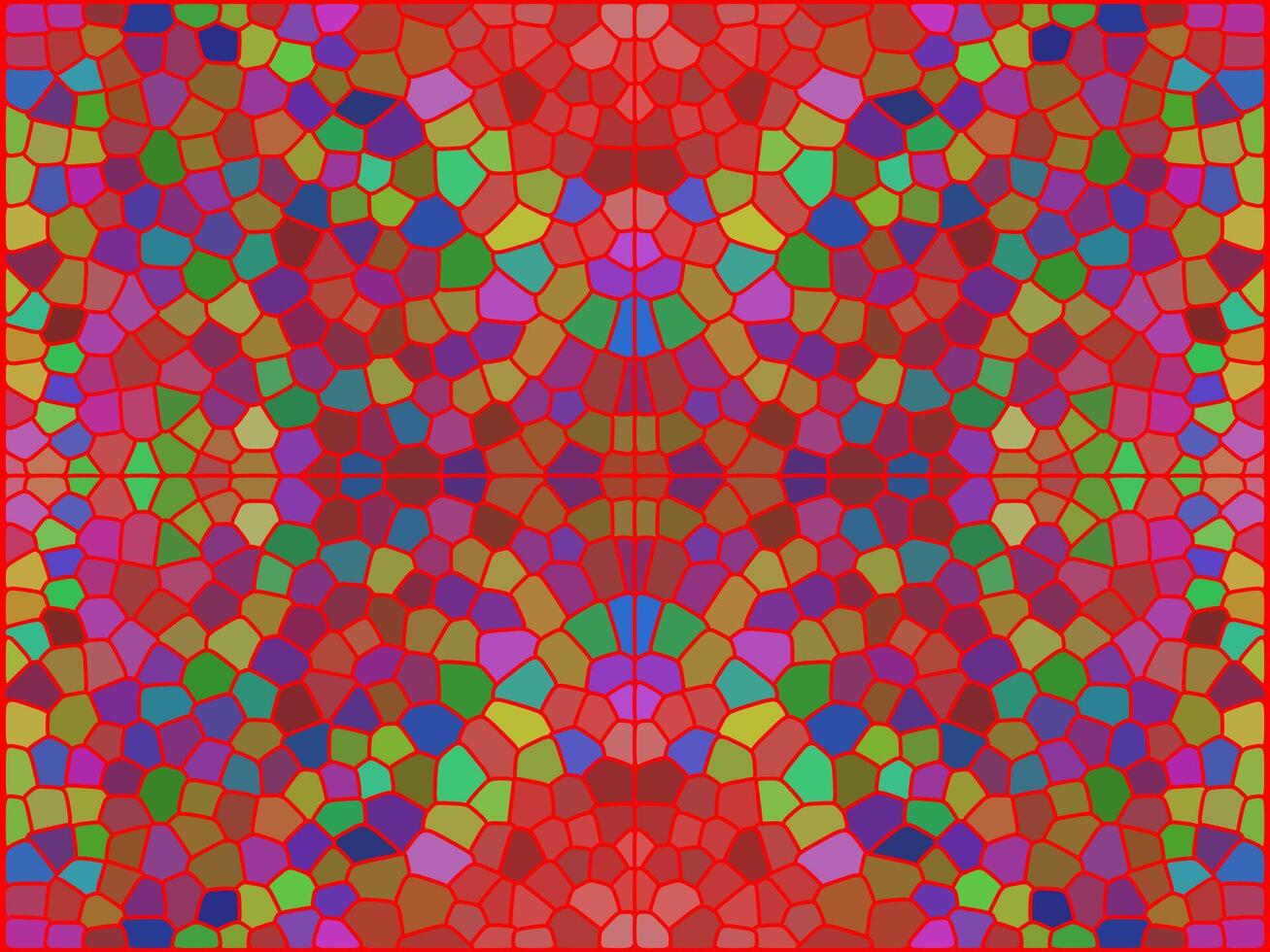 A vivid, symmetrical mosaic with red-dominated geometric patterns, creating a stained-glass effect. The intricate, colorful design resembles a kaleidoscope. vector