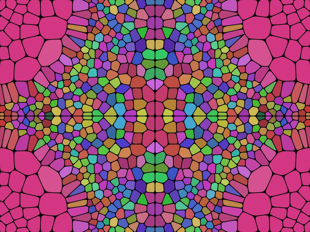 A vibrant, symmetrical mosaic pattern with colorful irregular polygons, resembling stained glass. The dominant hues include pink, green, blue, and yellow, creating a mesmerizing kaleidoscopic effect. vector