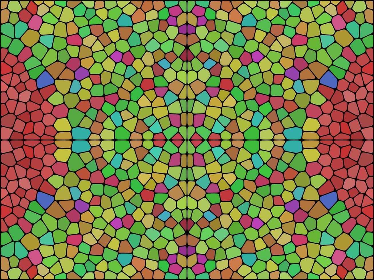 A vibrant, symmetrical mosaic pattern with colorful geometric tiles, creating a stained-glass effect with intricate details and a kaleidoscopic design. vector