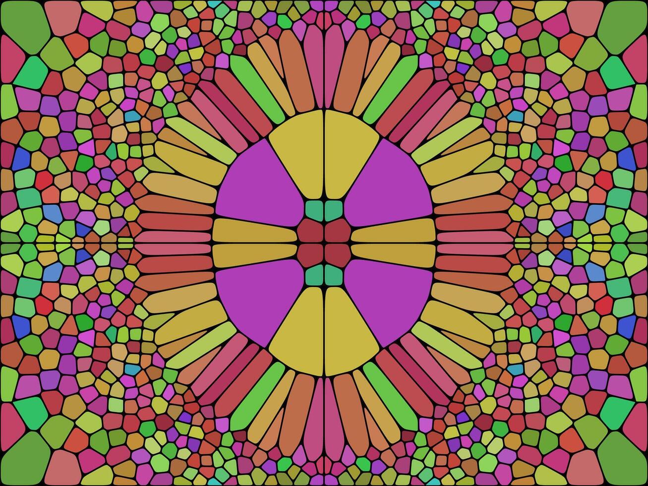 A vibrant, symmetrical stained-glass mosaic with intricate geometric patterns in shades of purple, yellow, green, and red. vector