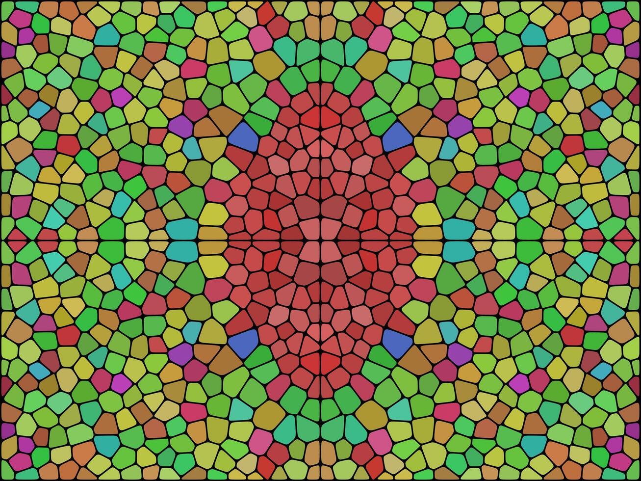 A vibrant symmetrical mosaic pattern with irregular polygonal shapes in red, green, blue, and yellow, resembling stained glass. vector