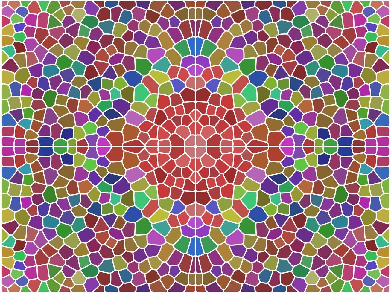 A vibrant, symmetrical mosaic pattern with colorful irregular tiles, creating a stained-glass effect with a central focal point. vector