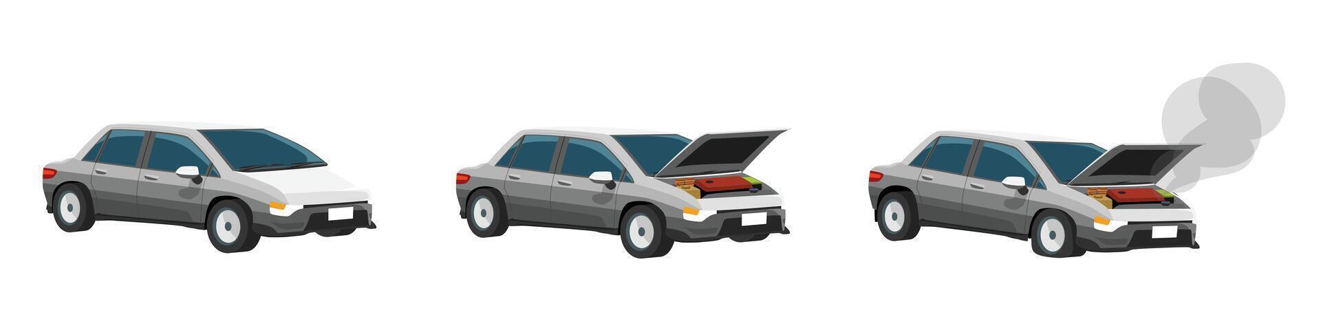 Status of car normal to damage. Cars in normal condition to cars with broken engines and flat tires. First car has its hood closed. Two have their hoods open. And Three with smoke. White background. vector