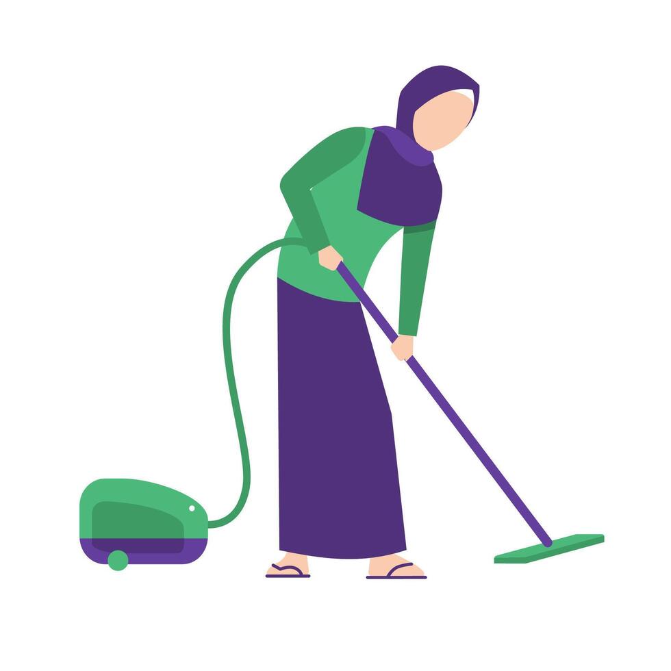 Muslim women are cleaning the room with a vacuum cleaner. Housewives wearing hijab clean the house vector