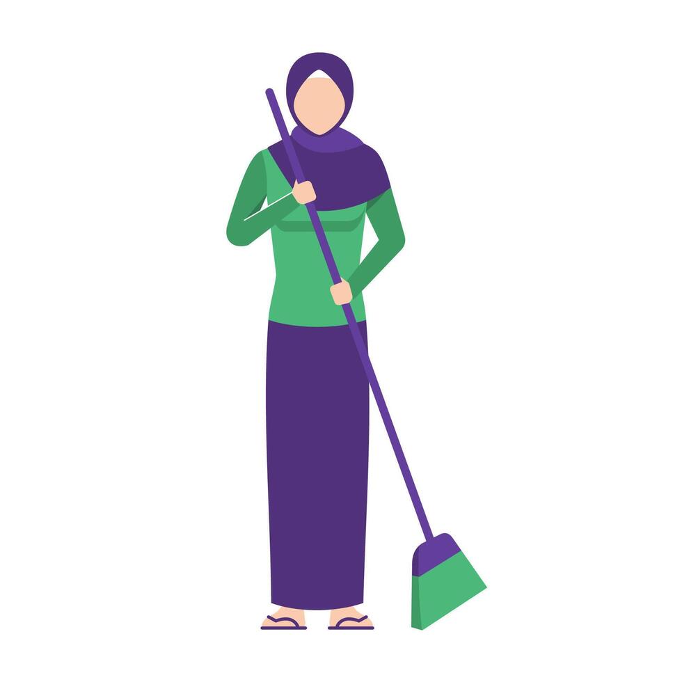 Muslim women are sweeping the room with a broom. simple cartoon isolated vector