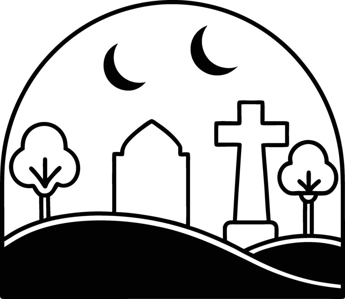 silhouette illustration of Cemetery nightfall design vector