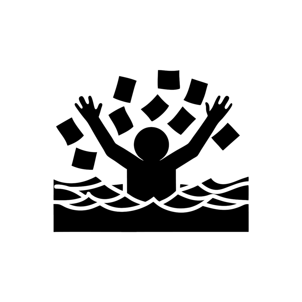 a figure struggling in water, overwhelmed and drowning under a flood of disorganized papers or documents png