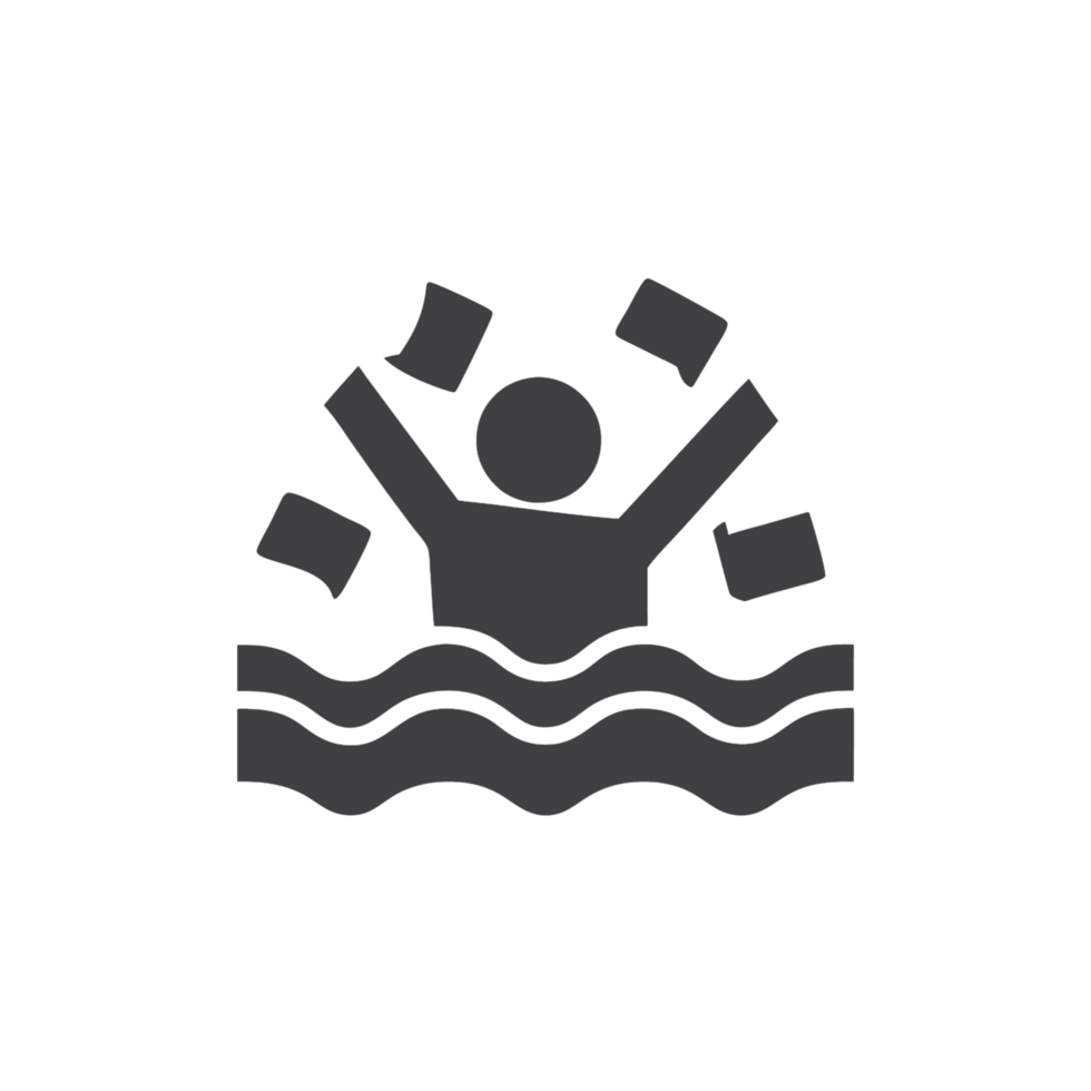 a person struggling in water, overwhelmed by the chaos of documents and messages symbolizing failure, loss, and anxiety png