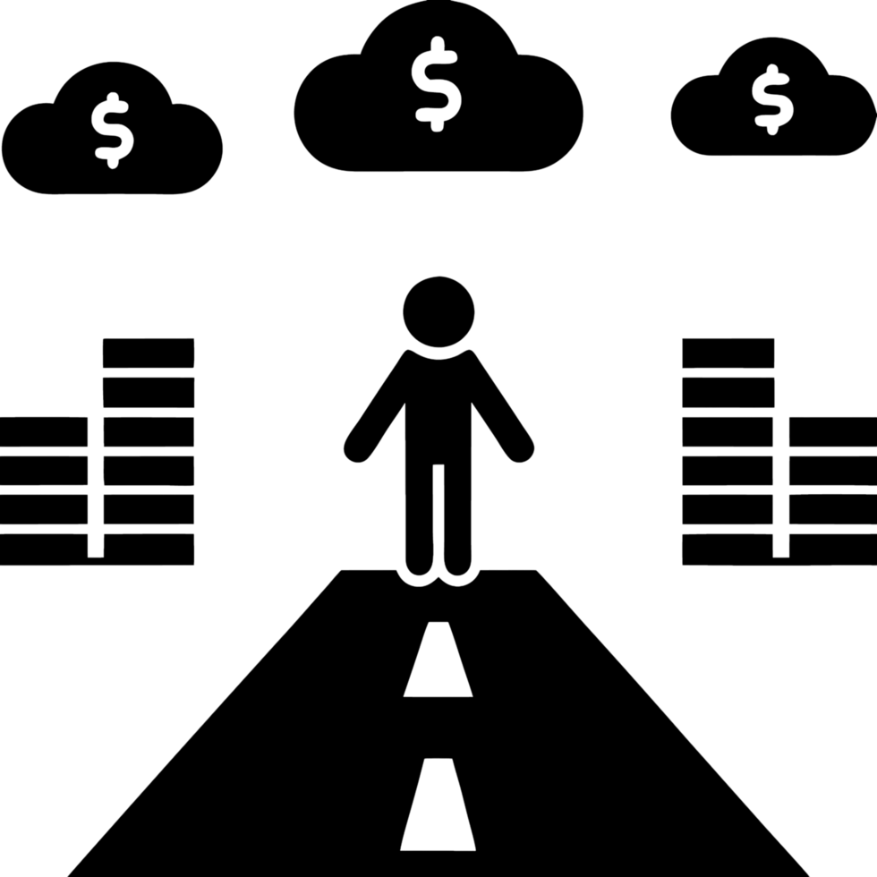 Symbolic image of a person standing at a crossroads with money and credit cards floating above, representing financial choices and decisions png